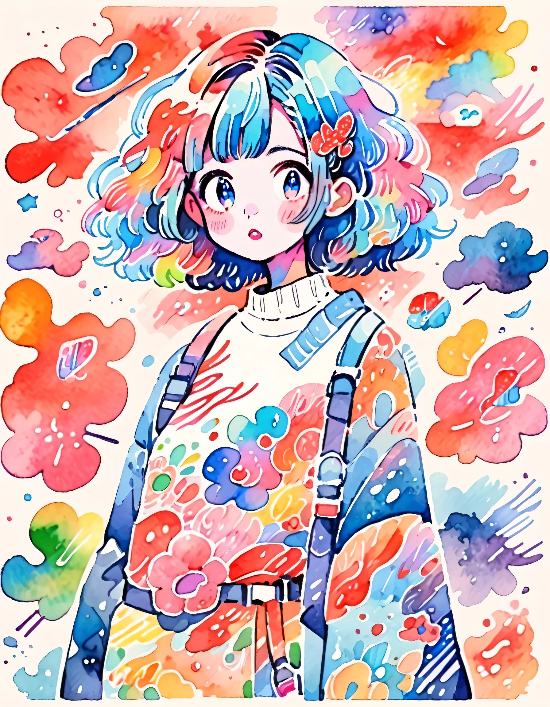 Hiromi Matsuo Style、(((stylish fashion))), 8K Quality、Intense watercolor, Detailed watercolor art, Watercolor splash, Surreal, avant-garde pop art, Beautiful and expressive paintings, Beautiful artwork illustration, Very colorful tones, wonderful, Cool beauty, highest quality、Official Art, Vector art, Stylish design, (((The most beautiful girl))), (((highest quality))), HDR, ((detailed)), (((Doodle Art)), ((masterpiece)), ((Super detailed)), (((Colorful flowers))),(((Stylish)))