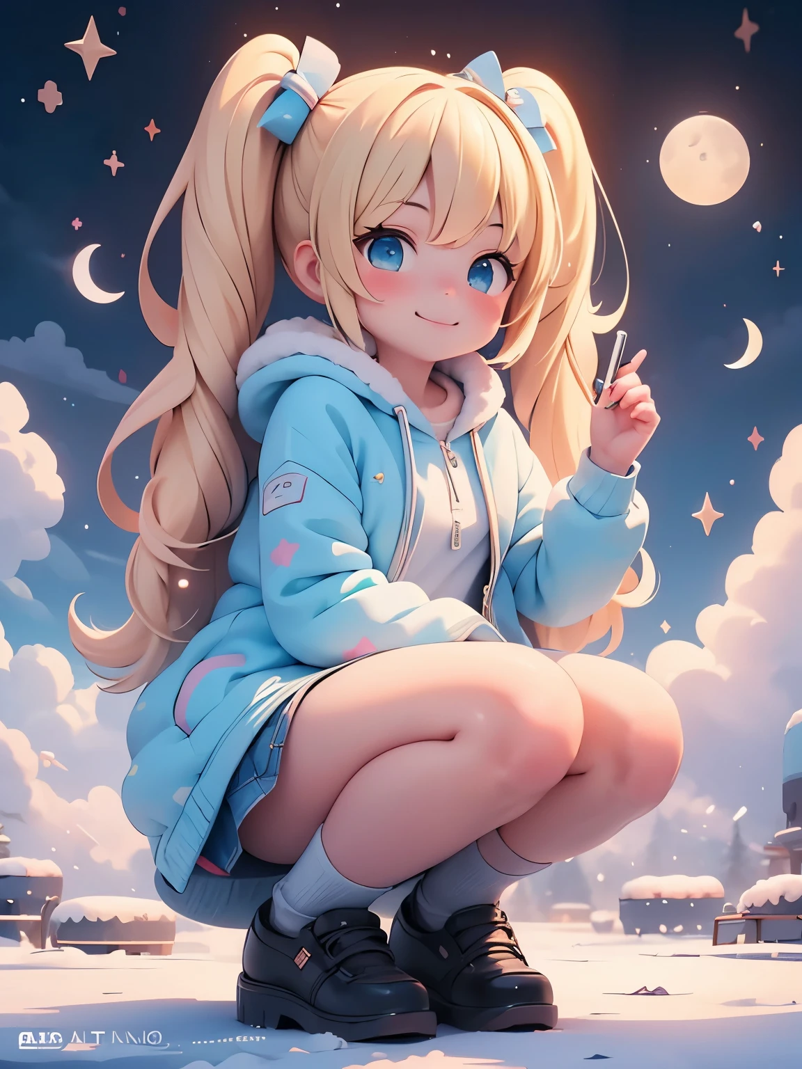 (masterpiece、highest quality、highest quality、Official Art、Beautiful and beautiful:1.2)、(One girl:1.3)Hatsune Miku、Twin tails,Big Breasts,A laid-back personality and a white cat,Absurd, Ultra-detailed,Bright colors,(In 8K:1.3),Masseter muscle area,Very beautifully detailed face and eyes, Age 25, Aurora、City lights、star座、Crescent Moon,Milky Way,Street lamp post, Particles of light, Long sleeve, milky way, night, nightnull, outside of home, 惑star, Power lines, 流れstar, Sit on, null, nullscraper, alone、squat、stargazing,star_\(Sky Porn\)、starnull、starry null Print、telescope、Winters、(Smooth and straight blonde hair:1.3), (Shiny Hair:1.2), Delicate and beautiful face, blush、Deep blue eyes, A happy smile,Small Necklace,