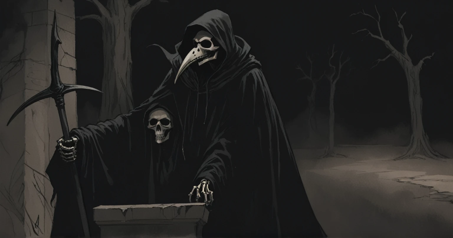 Grim Reaper, scythe, darkness, Black, blackout, black tones, black hues, black color scale, emerging from darkness, Grim Reaper plague doctor, unsettling, hand drawn, realism, rotoscope, cinematic, strange, figure that represents death, often depicted as a skeleton in a black cloak and hood, carrying a scythe. subliminal hourglass homage
