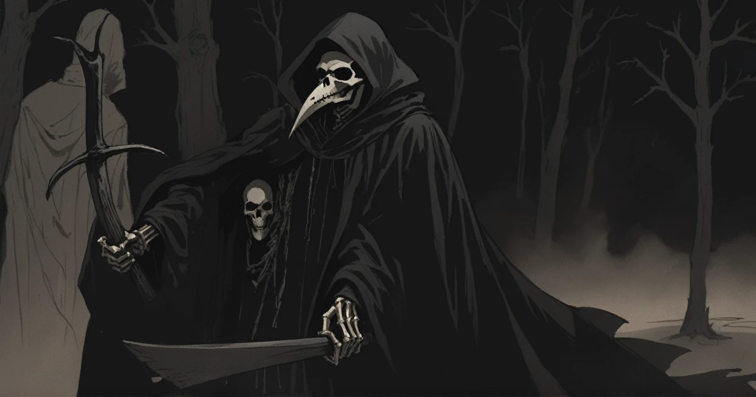 Grim Reaper, scythe, darkness, Black, blackout, black tones, black hues, black color scale, emerging from darkness, Grim Reaper plague doctor, unsettling, hand drawn, realism, rotoscope, cinematic, strange, figure that represents death, often depicted as a skeleton in a black cloak and hood, carrying a scythe. subliminal hourglass homage
