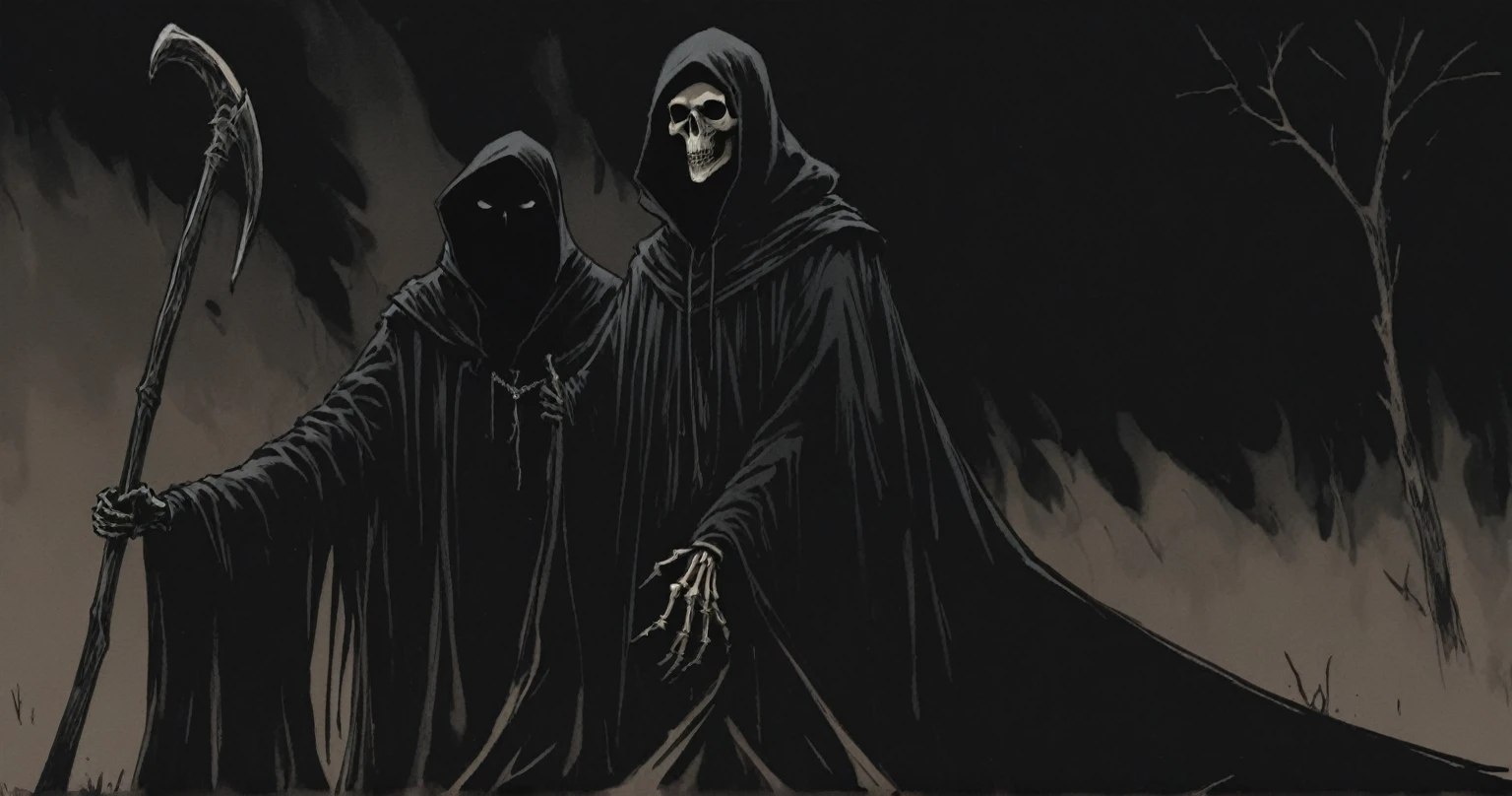 Grim Reaper, scythe, darkness, Black, blackout, black tones, black hues, black color scale, emerging from darkness, Grim Reaper plague doctor, unsettling, hand drawn, realism, rotoscope, cinematic, strange, figure that represents death, often depicted as a skeleton in a black cloak and hood, carrying a scythe. subliminal hourglass homage
