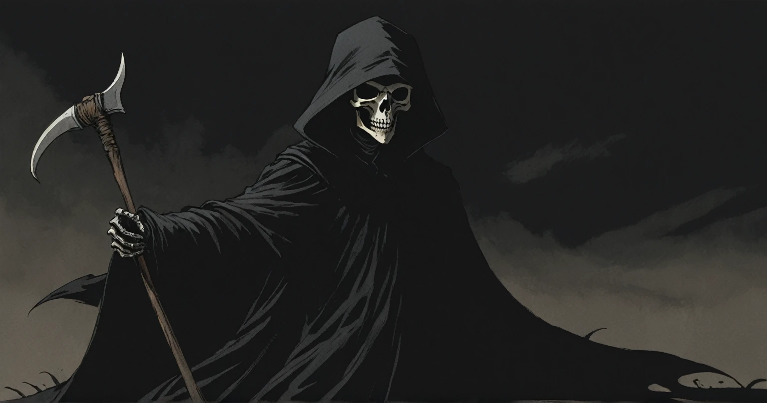 Grim Reaper, scythe, darkness, Black, blackout, black tones, black hues, black color scale, emerging from darkness, Grim Reaper plague doctor, unsettling, hand drawn, realism, rotoscope, cinematic, strange, figure that represents death, often depicted as a skeleton in a black cloak and hood, carrying a scythe. subliminal hourglass homage