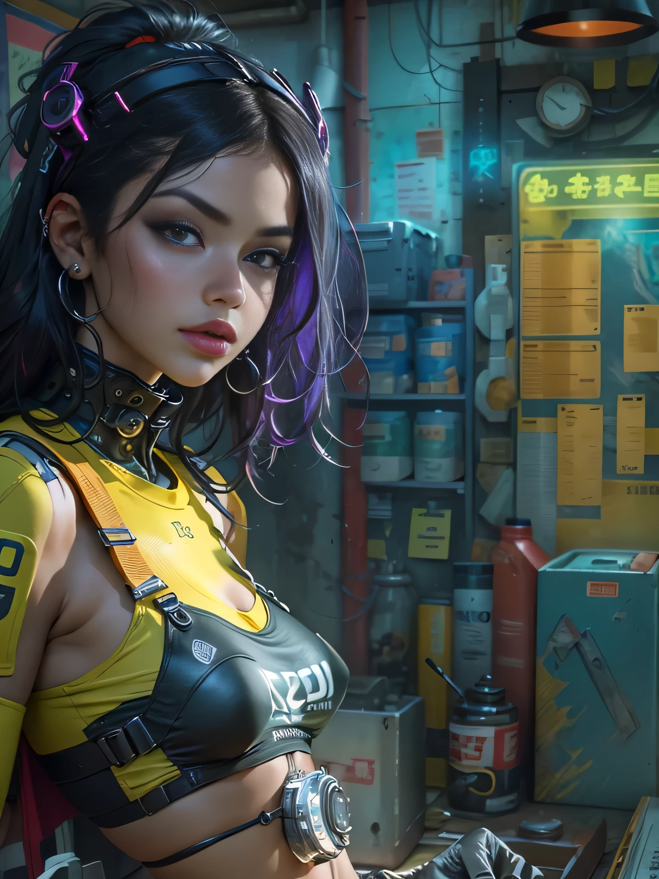 motor irreal:1.4,CG K ultrarrealista, fotorrealista:1.4, textura de la piel:1.4, obra maestra:1.4,Hermosa selena gomez con lingeries  babydoll、Ropa corta estilo cyberpunk color amarillo, pantimedias red , Mini falda azul,