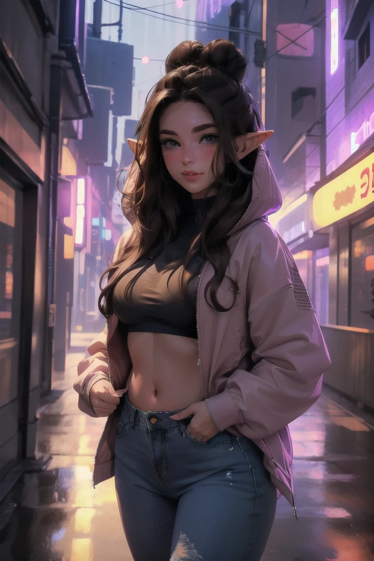 (elf girl), master piece, blushing, freckles, wide hips, slim waist, thick thighs, masterpiece, best quality, sfw, mature 36 year old woman, brown hair, moist face, wavy hair, mouth open, shiny. lips, beutiful round eyes, cyberpunk background, Waist high jeans, tight jeans, tall skyscraper background, bladerunner background, large hoodie, thick hoodie, Beautiful face, perfect face, deep eyes, elf ears, excited, happy, smiling, cropped hoodie, hairbun, unzipped jacket over cropped hoodie