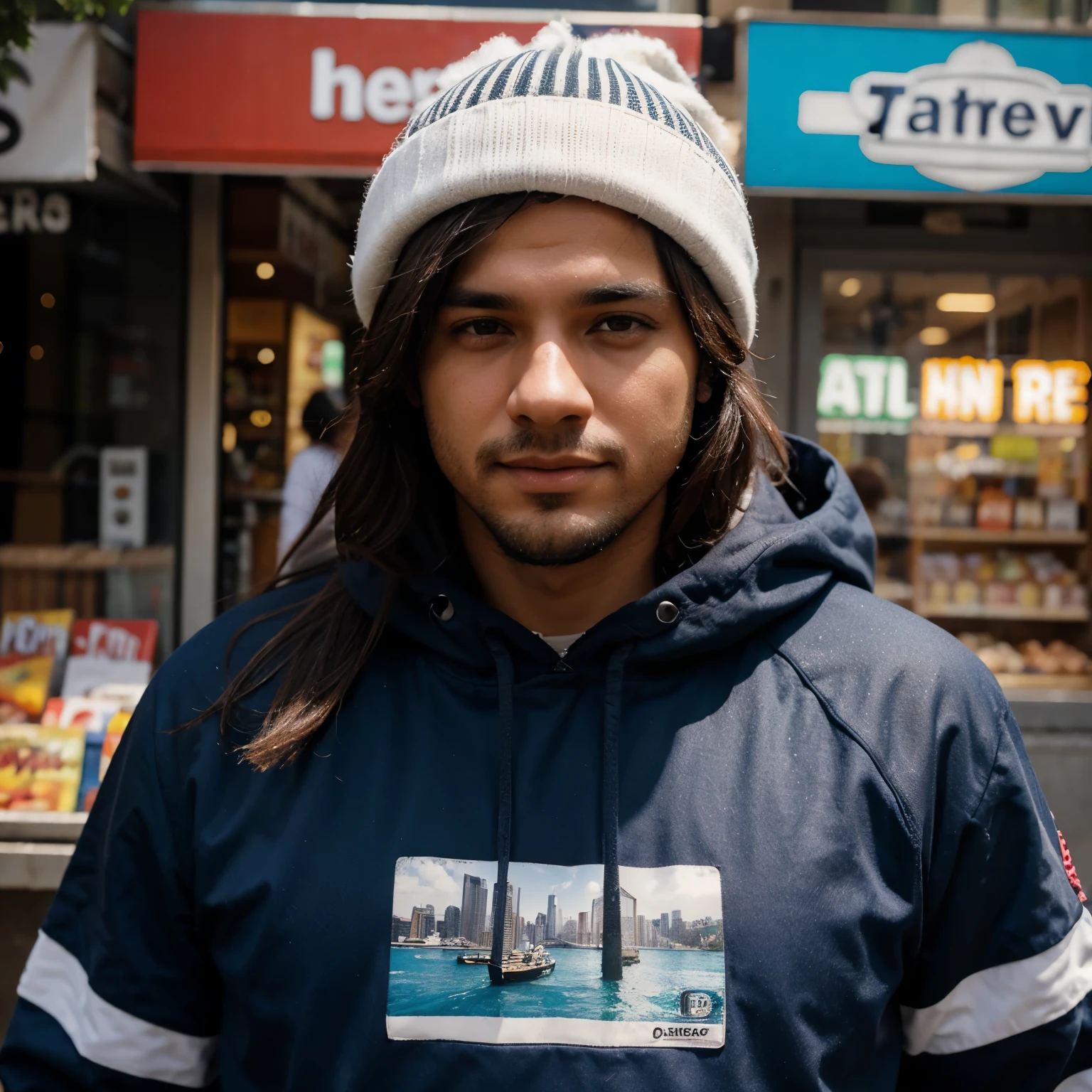 Una portada de disco con un hombre con audifonos grandes, frente al bronx, hecho con lapiz grafito