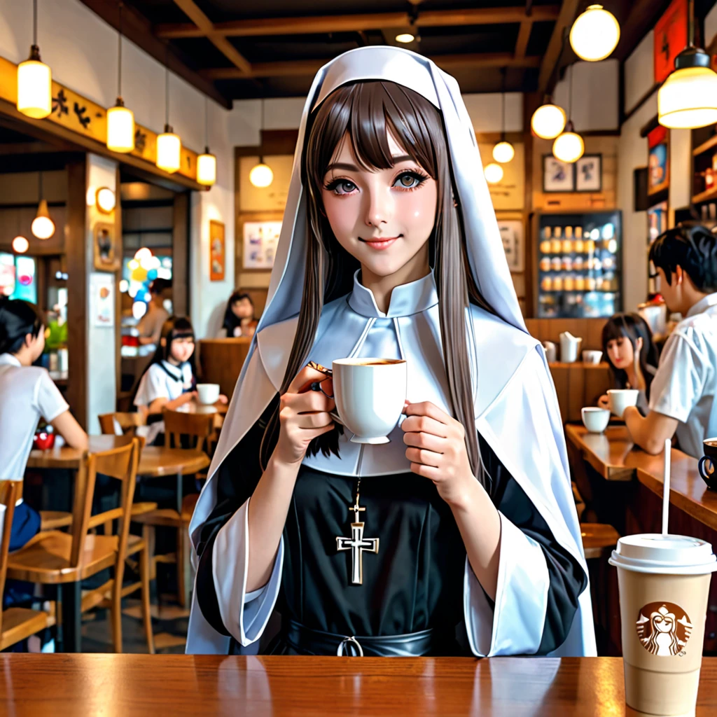 there is a topless nun that is holding a cup of coffee, anime girl in real life, realistic young anime girl, portrait of cute anime girl, cute natural anime face, kawaii realistic portrait, realistic anime 3 d style, cute kawaii girl, attractive anime girl, photorealistic anime, mysterious coffee shop girl, young anime girl, cute anime girl, anime girl with long hair