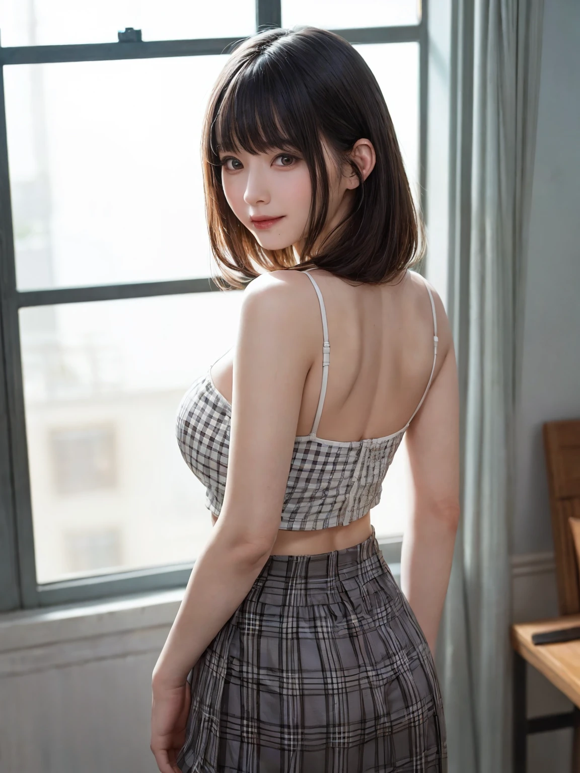 (From the back:1.4、Tabletop:1.4、highest quality:1.4、Best image quality:1.4、Cute beautiful adult woman, Adult smile:1.4、Beautiful Teeth、Lip gloss、Short Brunette Bob、Shiny shiny hair、Has shiny bangs:1.4、bangs:1.4、length, shiny shorthair、length neck:1.4、Show me your ears、Tall Supermodels、Broad shouldered supermodel、{Huge|big|Huge|Mega} chest, Beautiful chest have cleavage)、(Cute school girl、Off-the-shoulder white see-through shirt、Checkered sheer loop pleated short skirt、28 years old)、Very cute and attractive woman