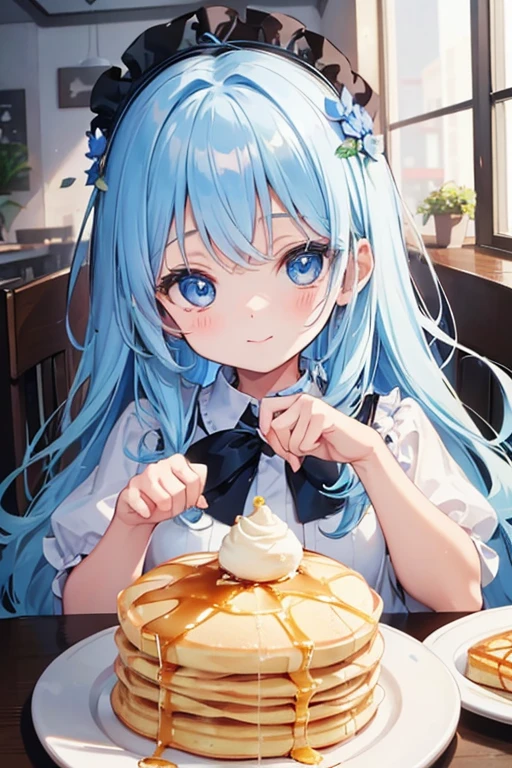 toddler girl, in the cafe,own hands together , a fluffy cream pancake on the table,pancake close-up,Blue eyes, big eyes,droopy eyes, With blue flower corsage ,Slender body, upper body, White long hair,smile,happy