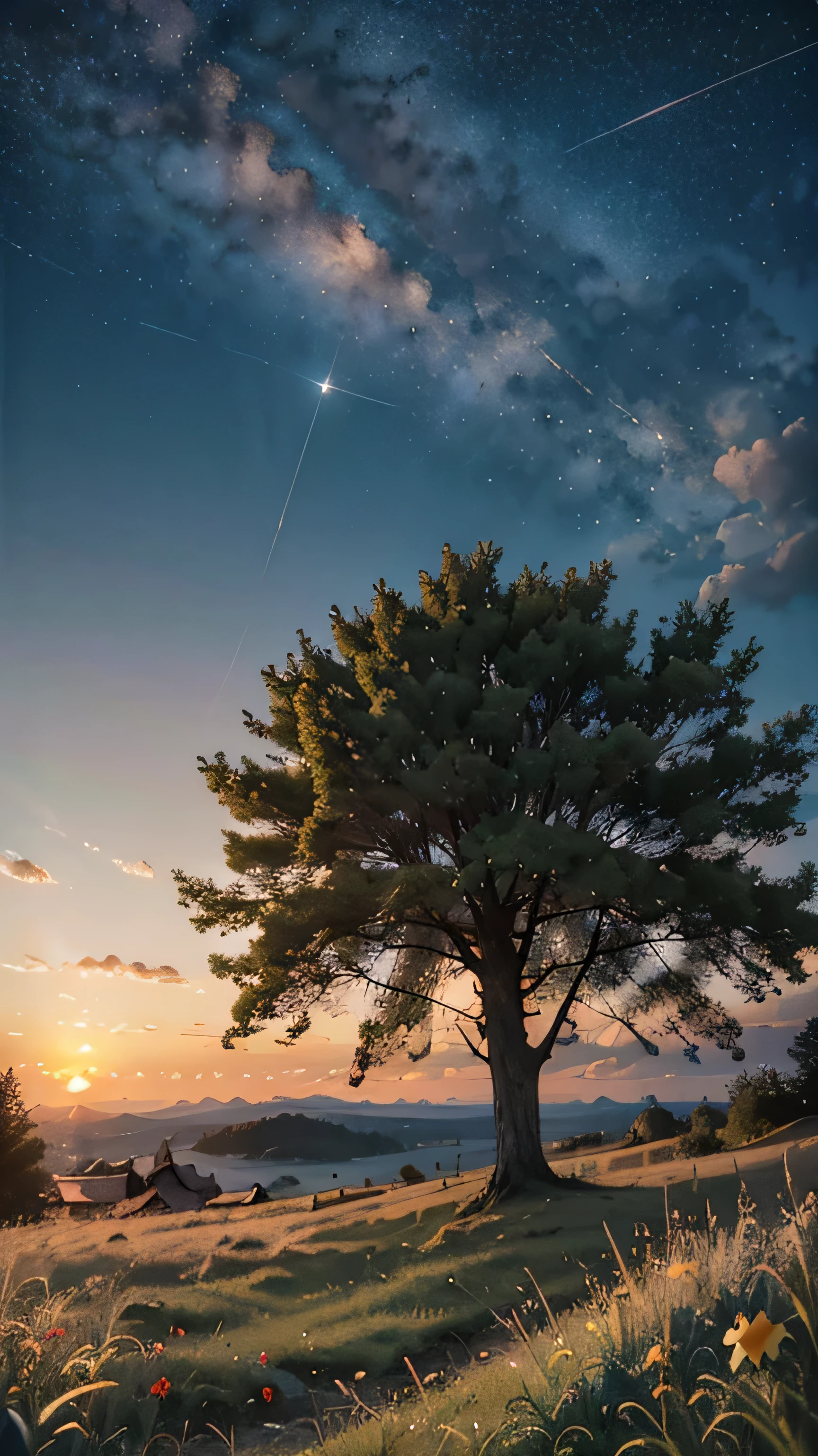 view from below with a view of the sky and the wilderness below, tree, cloud, scenery, outdoors, grass, sunset, star \(sky\), flowers, starry sky, cloudy sky, no humans, twilight, nature, wind, masterpiece, best quality, very aesthetic, absurdres