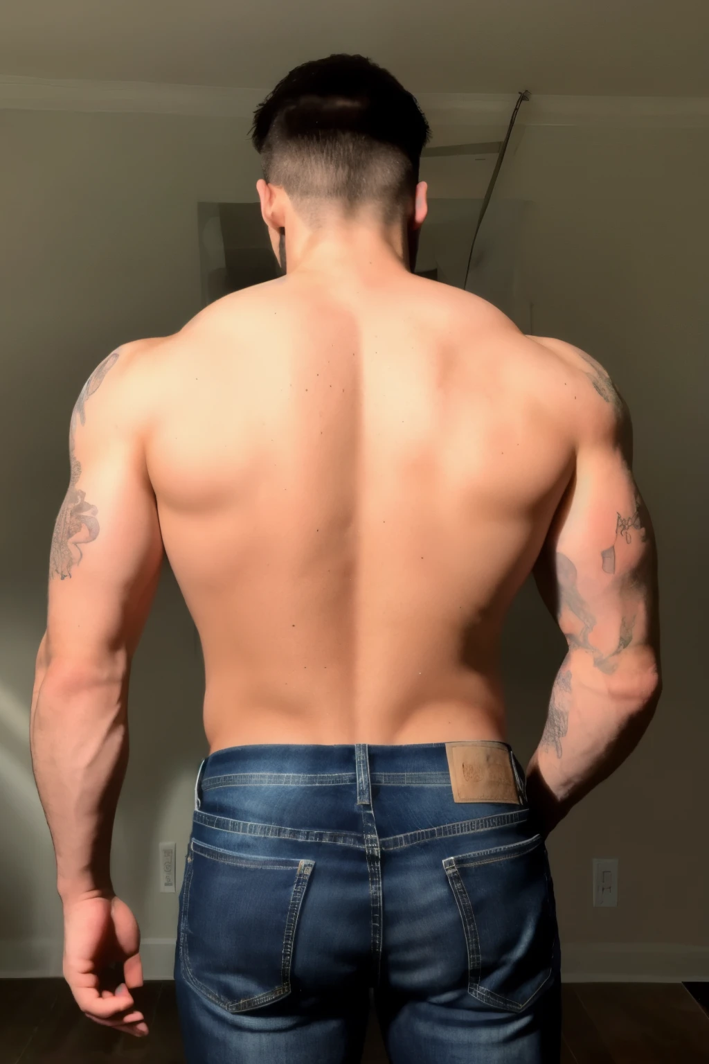 JordanBrandt, 45yo, short mustache and beard, wearing jeans, shirtless, backside