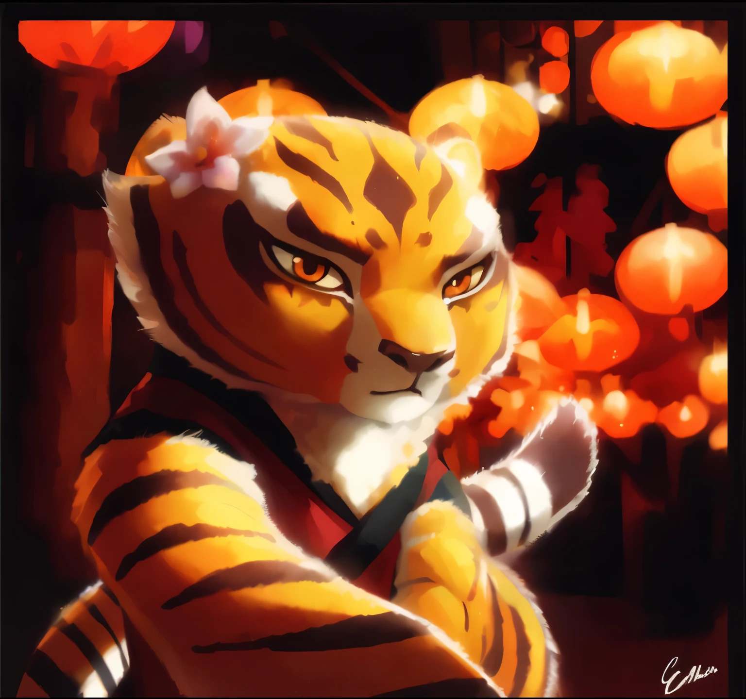 (best quality,4k,8k,highres,masterpiece:1.2), ultra-detailed, realistic:1.37, 1girl, solo orange eyes, robe, adorable, tigress, snow background, oil painting, delicate brushstrokes, vibrant colors, dynamic lighting, tranquil atmosphere