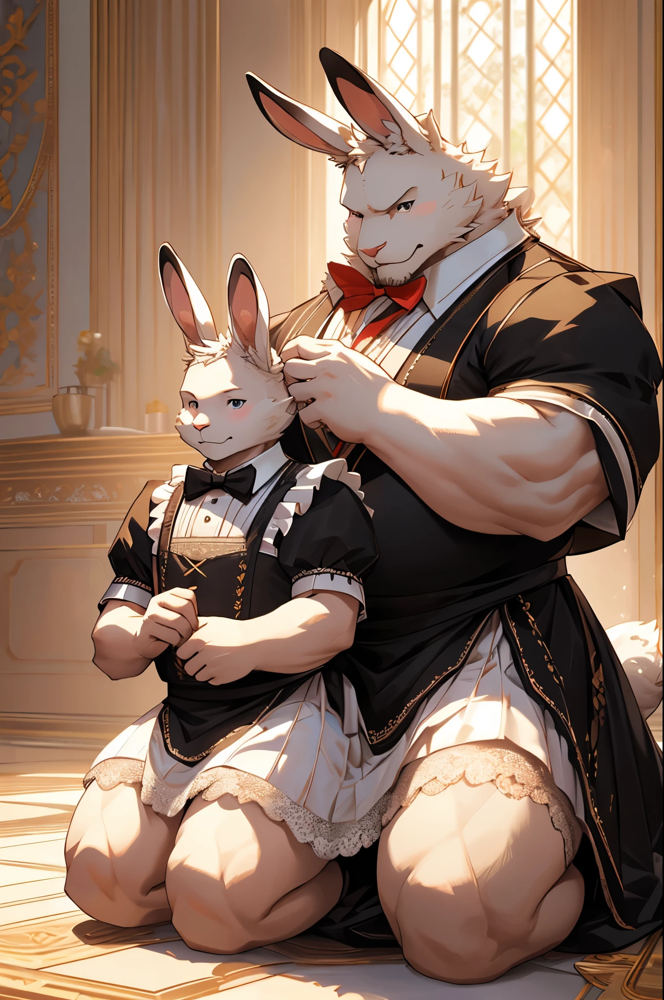 (Most detailed, 4k, elegant artwork: 1.2), super detailed, photo realistic: 1.37, humanoid white rabbit creature, unique facial features, wearing maid attire with lace underneath, fat and visible chest and abdominal muscles. Two humanoid rabbits, a father and son, kneeling on the ground