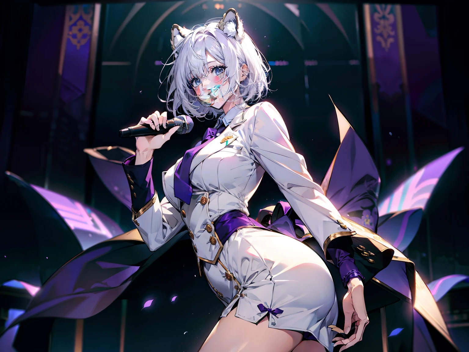 1female, teacher, wearing a white suit, purple tie, bootyshorts, purple bear ears, Thicc, white hair, short hair, glowing blue eyes, face to detail, detailed eyes, the background is a dark place, holding a microphone, smiling, and laughing.