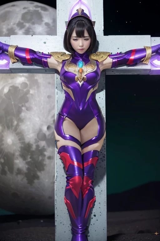 masterpiece,highest quality, 超A high resolution, (Realistic)、RAW Photos,(every time :1.2), Japanese women, (36 years old), beautiful, sexy, highest quality, Very detailed,Very accurate, One Woman, ((green, Purple and red Ultraman suit, An elaborate Ultraman suit, Intricate Design, metal ornaments)), Halter neck, Long gloves,Thigh-high boots, (((Shine))), Black-haired:1.3, Short Bob Hair:1.2, Distant eyes:2.0,Solid eye makeup:1.5,Big ample breasts:1.1, Big eyes:1.5, Bright full moon,moonlight ,Pink and red interpolated colors、((Anchored on a cross in the center of the full moon))、((Crucifixion))、((Depicting even the tips of the hands and feet:1.5))、Very detailedな目、Big Moon、明るいmoonlight、Nebula Sky、