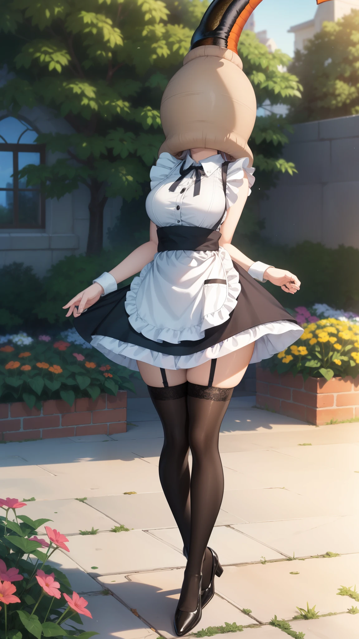 1girl, natural lighting, masterpiece, highly detailed, illustration, game CG, absurdres, high quality, aichan, large breasts, garden, maid, small maid apron, thigh highs, (cell vore), (tail vore:1.3)