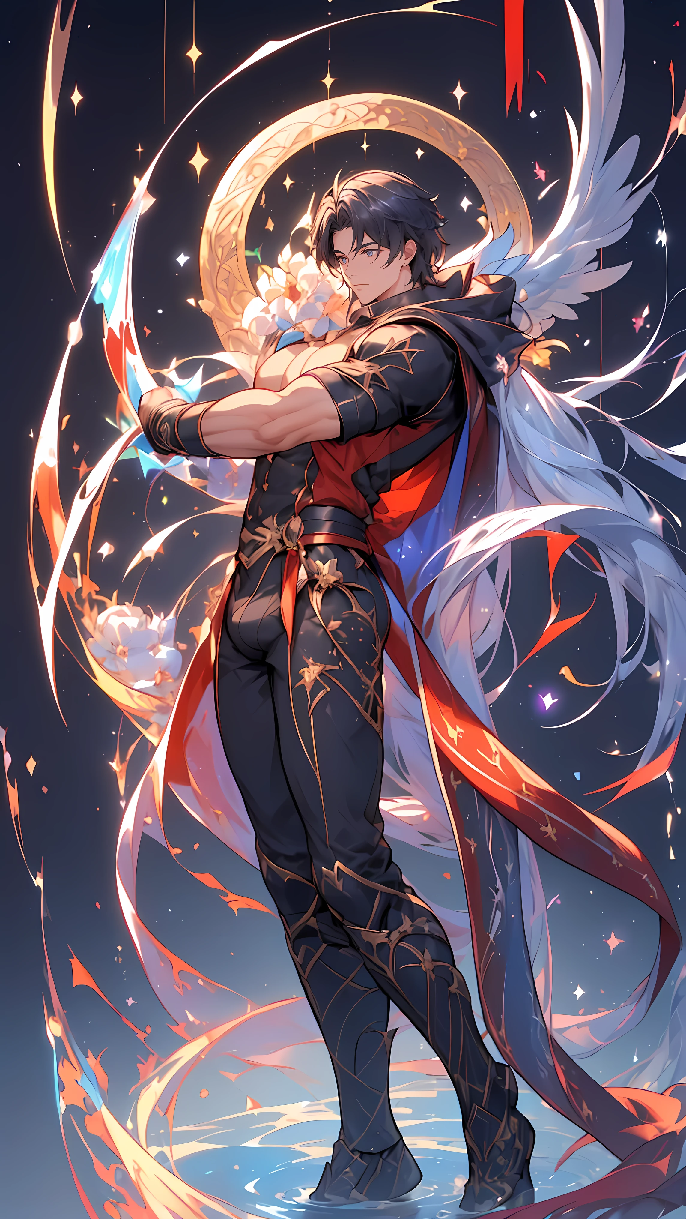 ((Wriothesley DARK HAIR, IN RED CAPE!! BLACK LEATHER COSTUME DESIGN THEME))! ((((((WEAR FUNDOSHI)))))! ((FRONT VIEW: )) ((GIGACHAD GIANT MUSCULAR BODY)) (((BIG BULGE, BIG ASS, BIG THIGH, SEXY POSE))) ((SEXY POSE SHOW ASS)) | FLOATING IN THE SKY WITH ANGEL WINGS (SPARKLE, FLOWER, PETTALS, SNOWFLAKES) BACKGROUND IS BLUE SKY | big CHEST, FULL BODY, large ASS, , show BULGE, smile, portrait knights of zodiac, extremely detailed ((pixiv arts)), high detailed official artwork, [ tarot card ]!!!!!, detailed key anime art, knights of zodiac anime, beautiful celestial mage, firefly from honkai star rails, full body | (dynamic angle:1.1), outline, ((thick lineart)), cover, stylish, official art, (details:1.2), (fantasy), garden, (bloom:1.1), glow:0.2, shadow, nature, flower, splash water, crystal, snowflakes, particles, bokeh, anamorphic light (depth of field), sharp focus, (volumetric lighting), (bokeh:0.6), film grain:0.4, (soft lighting:1.1) | high-quality, ultra-detailed illustrations, ultra-high resolution, (high resolution,overwhelmingly pixel-perfect,luxurious illustration), (Ultra Quality, Masterpiece, Ethereal:1.4) photorealistic:.1.4, UHD (8k, RAW photo, best quality, masterpiece:1.2)