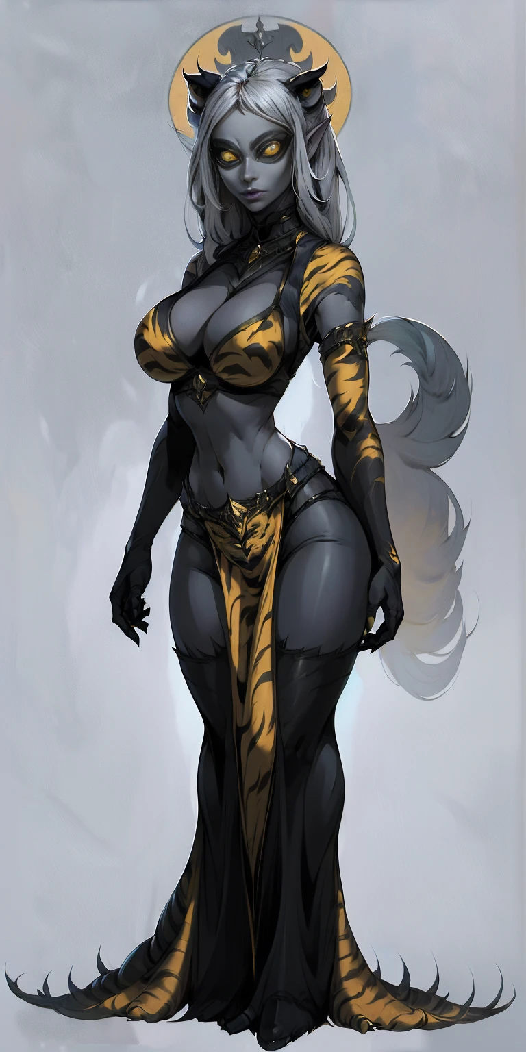 full body looking to viewer standing straight symmetrical against contrapposto yellow tiger print BIKINI stockings sleeves, hands on waist hips, navel, (Vladilena Milize) (grey big eyes:1.5) grey long hair, scar between eyelashes