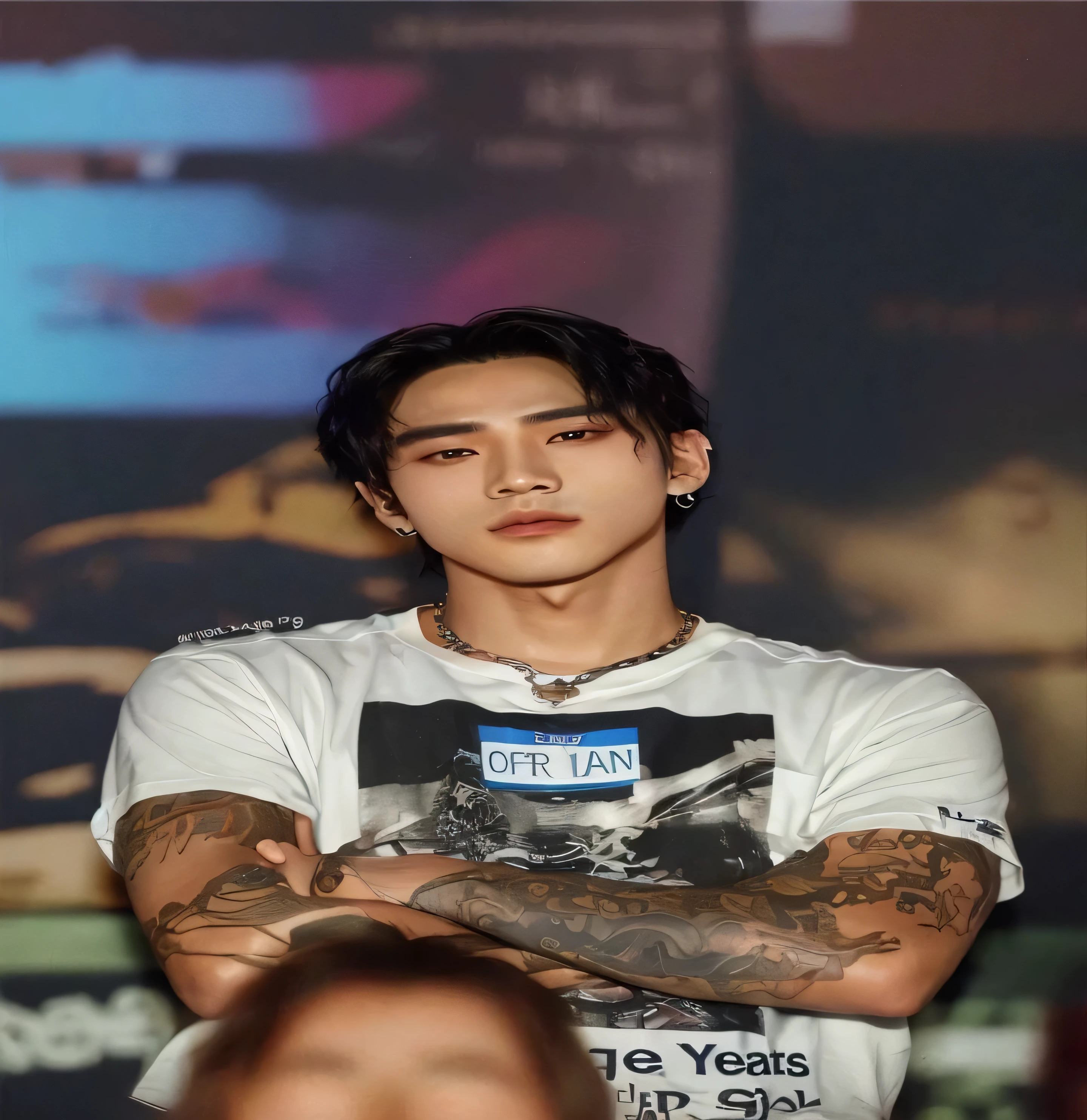 arafed man with tattoos and a white shirt standing with his arms crossed, cai xukun, hyung tae, taken in the early 2020s, kim doyoung, yanjun chengt, jinyoung shin, handsome chad chin, portrait of jossi of blackpink, taejune kim, jonny wan, jossi of blackpink, korean artist, bian luan, DPR Ian, Christian Yu