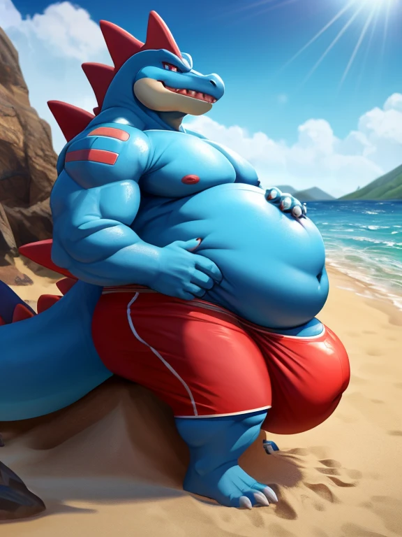 Obese, body is buried due to fat, mountain of fat, Pokemon Feraligatr, on the beach, vore, squirming belly, bulging belly, swim trunks , view from side, massive bulge