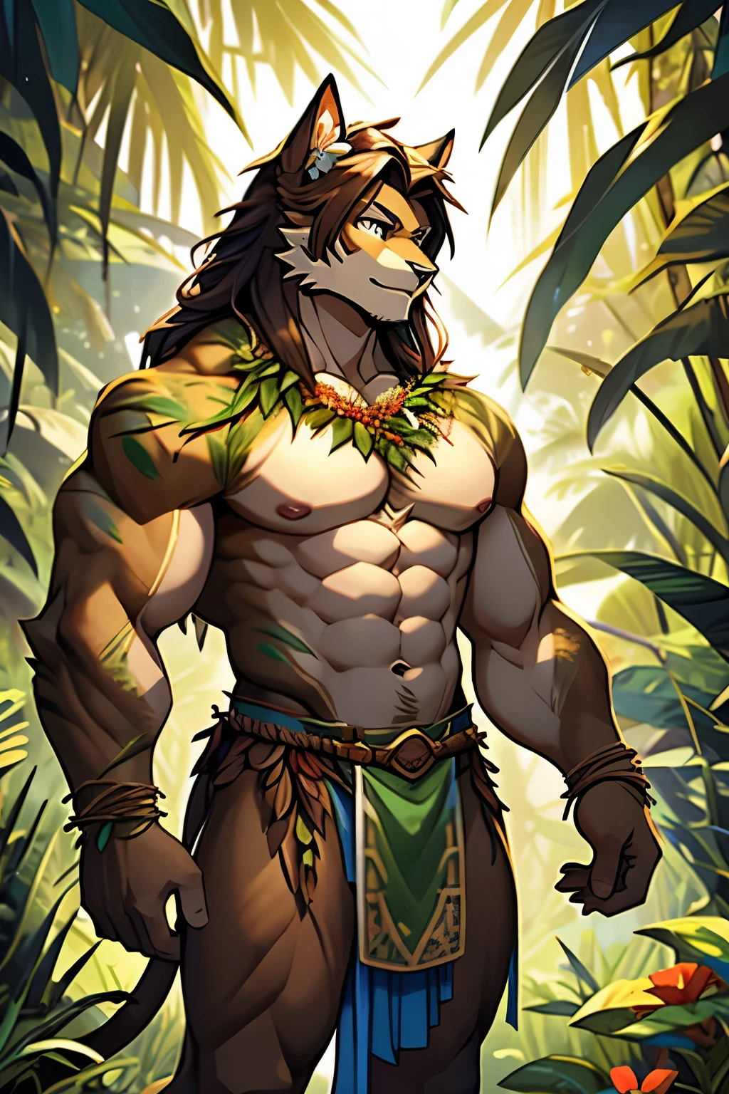 Bodybuilder fit feline, brown body, with flat chest, male, dryad, moss skin, and flower nipples, nullo, jungle, liana hair, anthro, vegetation growing on him, flowers growing from skin, grass loincloth