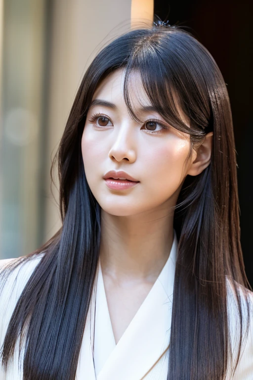 Japanese。25age。Wet feather-colored hair。semi-long。intellectual。Narrow face。Fair skin。Sharp cheek and jaw line。The lower jaw is slightly pointed。Slit eyes。Dark Eyes。Long, even eyelashes。tall。Pure white brown suit。Long skirt
