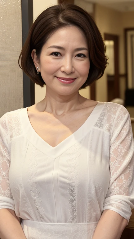 最high quality, 8k, Vibrant, Sharp focus, high quality, High resolution, elegant、Beautiful woman, Mature Woman, Wrinkle、55 years old,  Highly detailed eyes, Plump figure、Small face、、((((Big Breasts 1.6))))、((V-neck clothing))、room、Random Hairstyles、Cute Smile、
