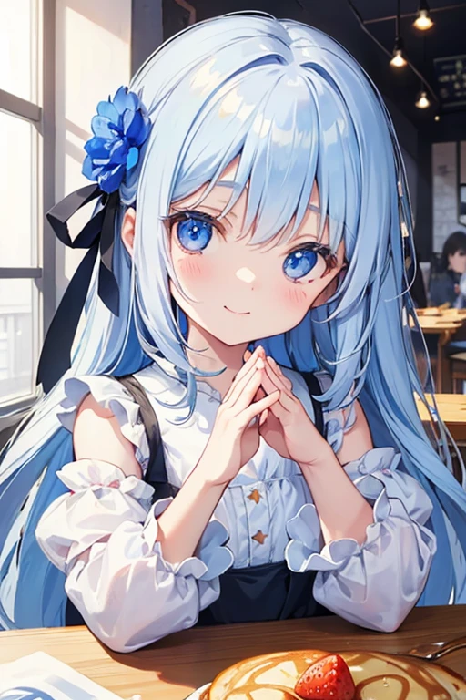 , in the cafe,own hands together , a fluffy pancake on the table,cream and fruits on pancake,pancake close-up,Blue eyes, big eyes,droopy eyes, With blue flower corsage ,Slender body, upper body, White long hair,smile,happy