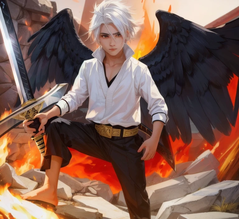 a boy with white hair and black wing holding a sword in front of a fire,