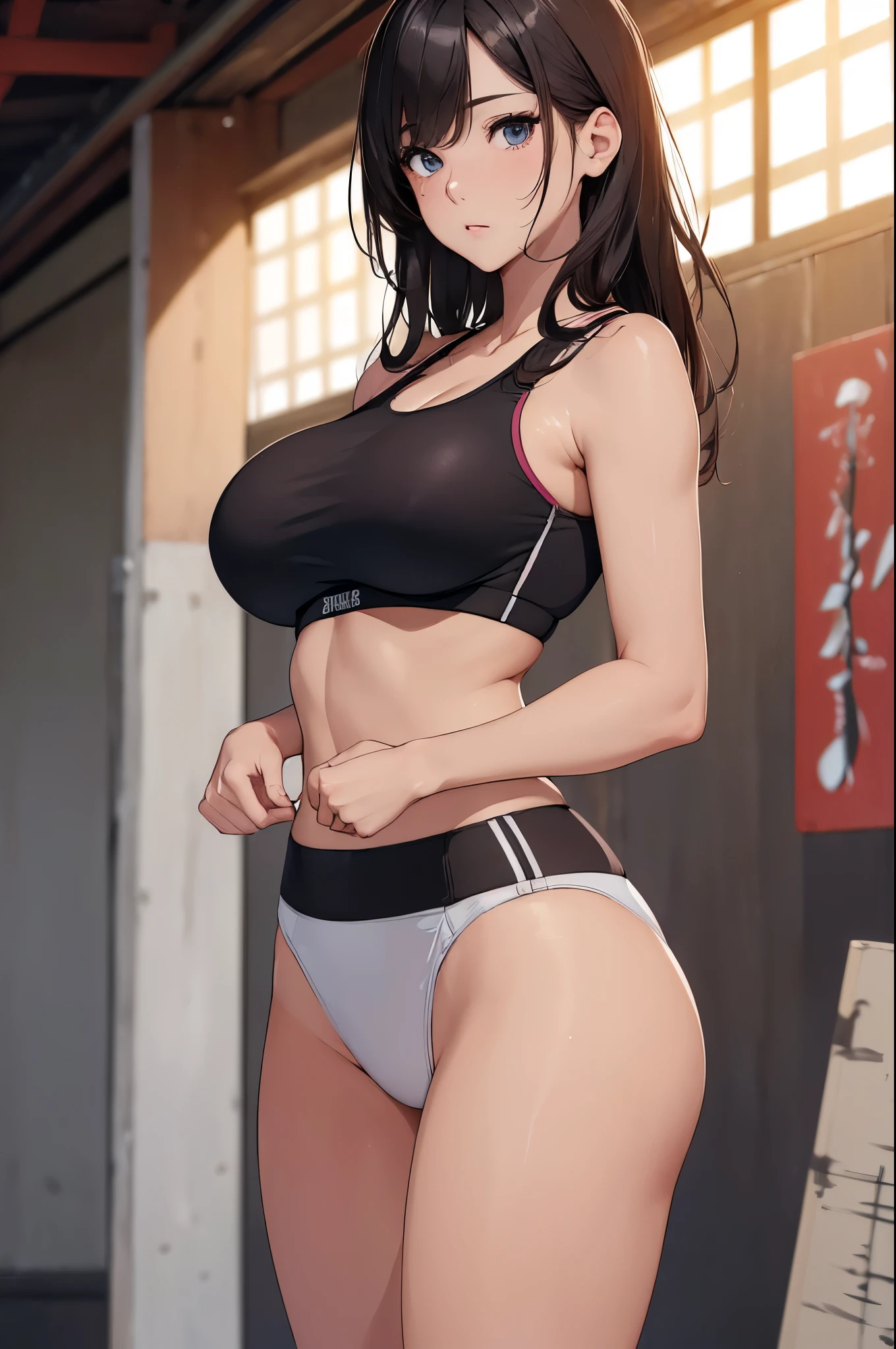 (((masterpiece))),(((High resolution)))、(((8K)))、(((perfect face)))、(((beauty of japan)))、thighs, (((beautiful face))), (((sports bra))), embarrassed look, look at the camera, top quality eyes, detailed texture, look at the camera, standing, all body, big tits
