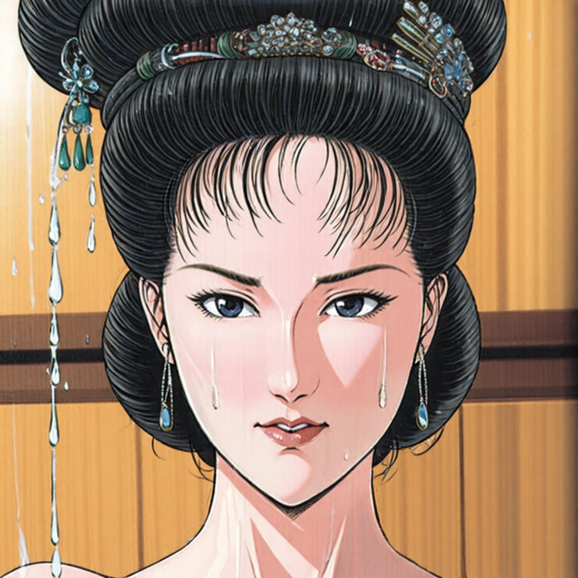 (best quality), (very aesthetic), (ultra-detailed), (best illustration),a mature female,NSFW,Perfect Face,Suikoden,Mrs. Lin,(full_body),(full_nude),red cheek,Large drops of sweat are pouring from the whole body,skinny,chinese traditional bath room,Get up from the bathtub,Drops of water dripping from the skin of the entire body,Looking down,