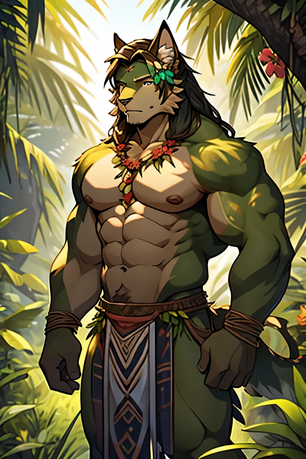 Bodybuilder fit feline, brown body, with flat chest, male, dryad, moss skin, and flower nipples, nullo, jungle, liana hair, anthro, vegetation growing on him, flowers growing from skin, grass loincloth
