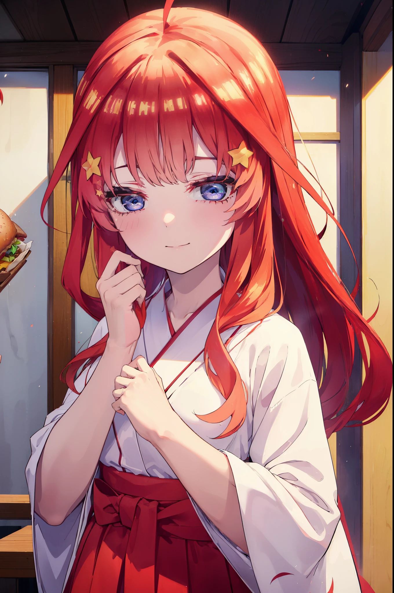 itsukinakano, Itsuki Nakano, bangs, blue eyes, Hair between the eyes, Ahoge, Redhead, star \(symbol\), hair ornaments, star hair ornaments,happy smile, smile, Close your mouth,
Bellflower,Shrine maiden,white kimono, Red too,kimono, Same as skirt, Wide sleeves, Long sleeve, Thick sleeves,Red Hakama,White tabi,Sandals,Ribbon Trim Sleeve, Low Ponytail, noon,sunny,background,blue sky,The viewer is staring at a pile of burgers on a table., Are standing, 
break looking at viewer, Upper Body, whole body,
break indoors, Burger Shop,
break (masterpiece:1.2), highest quality, High resolution, unity 8k wallpaper, (shape:0.8), (Fine and beautiful eyes:1.6), Highly detailed face, Perfect lighting, Highly detailed CG, (Perfect hands, Perfect Anatomy),