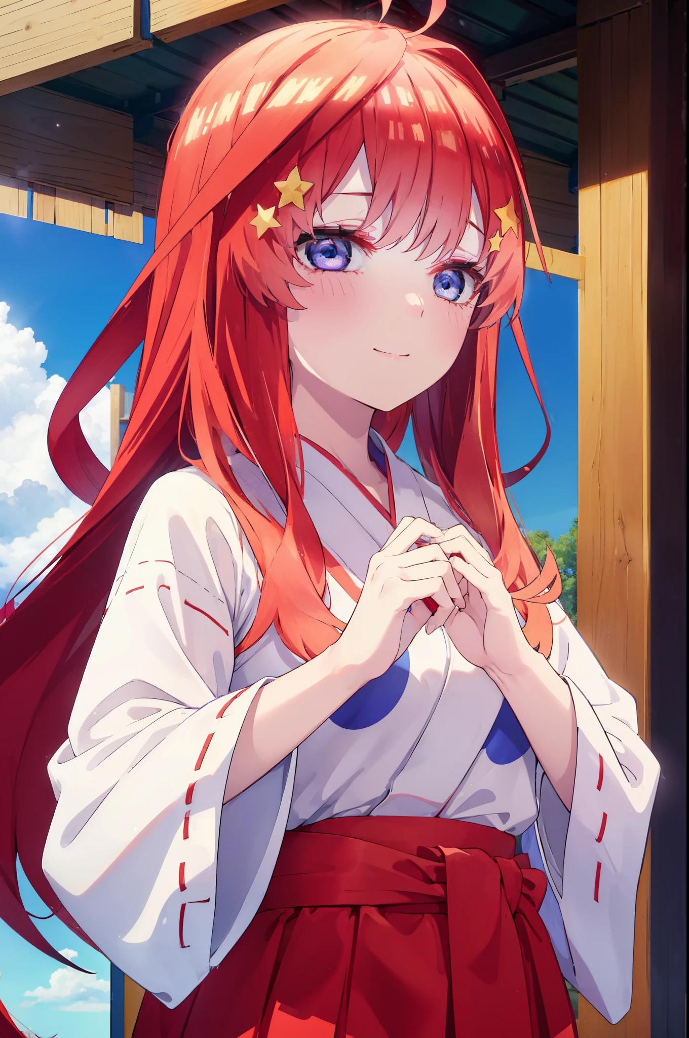 itsukinakano, Itsuki Nakano, bangs, blue eyes, Hair between the eyes, Ahoge, Redhead, star \(symbol\), hair ornaments, star hair ornaments,happy smile, smile, Close your mouth,
Bellflower,Shrine maiden,white kimono, Red too,kimono, Same as skirt, Wide sleeves, Long sleeve, Thick sleeves,Red Hakama,White tabi,Sandals,Ribbon Trim Sleeve, Low Ponytail, noon,sunny,background,blue sky,The viewer is staring at a pile of burgers on a table., Are standing, 
break looking at viewer, Upper Body, whole body,
break indoors, Burger Shop,
break (masterpiece:1.2), highest quality, High resolution, unity 8k wallpaper, (shape:0.8), (Fine and beautiful eyes:1.6), Highly detailed face, Perfect lighting, Highly detailed CG, (Perfect hands, Perfect Anatomy),