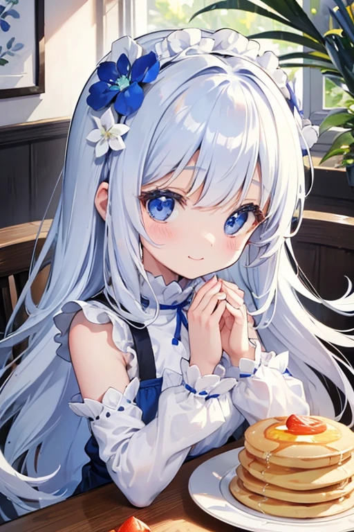 toddler girl, in the cafe,own hands together , a fluffy pancake on the table,many many cream and fruits on pancake,pancake close-up,Blue eyes, big eyes,droopy eyes, With blue flower corsage ,Slender body, upper body, White long hair,smile,happy