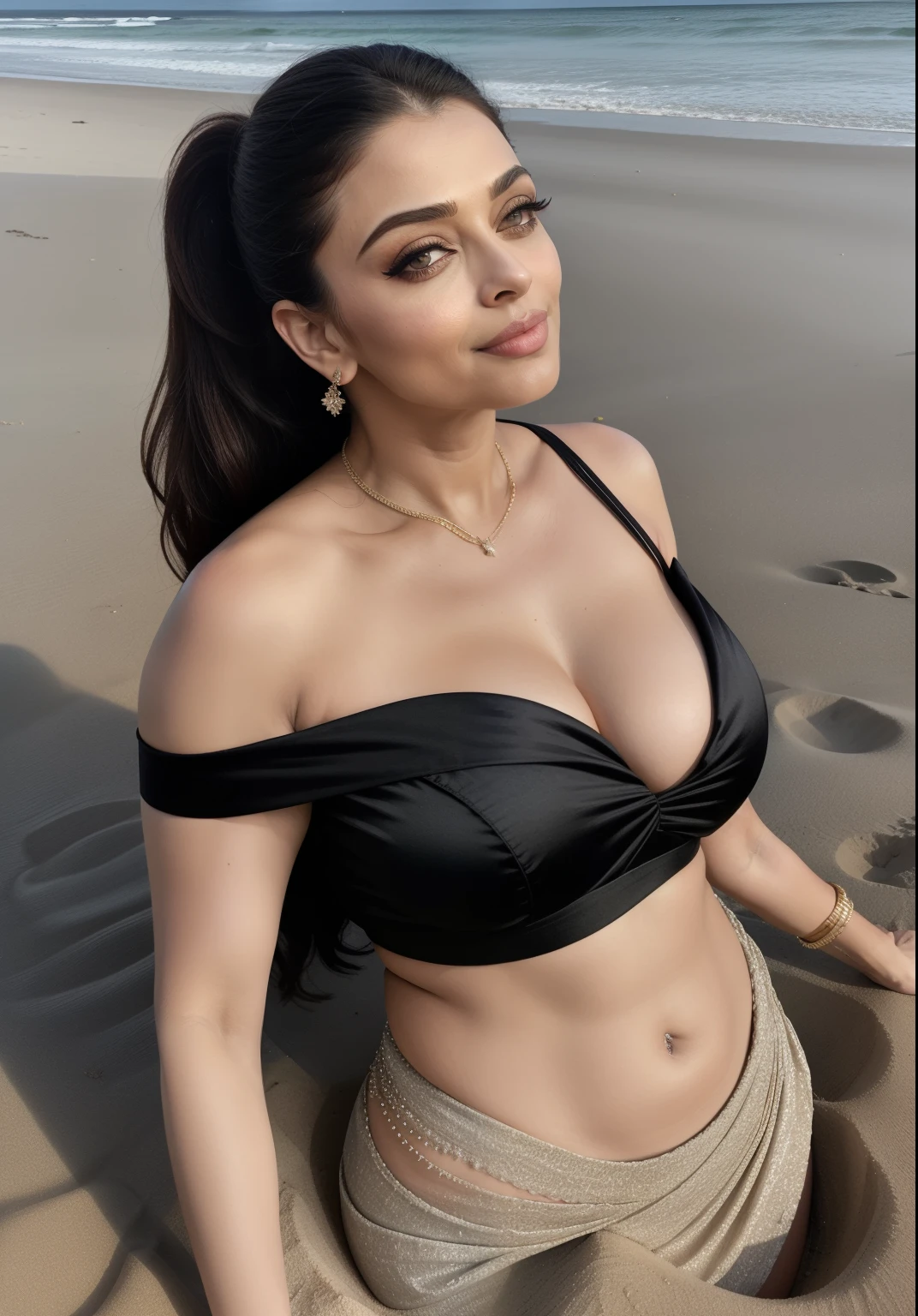 50yo mature MILF Aishwarya Rai as SUPER MODEL, wearing black plain satin saree with off shoulder bandeau blouse, belly and navel showing, ponytail hair, mature athletic curvaceous milf body, ((posing in sand beach)), hourglass milf figure, medium breasts, (((seductive expression))) on her face, look straight at camera and ((wink)), soft volumetric lights, intricate details, (ArtStation:1.2)