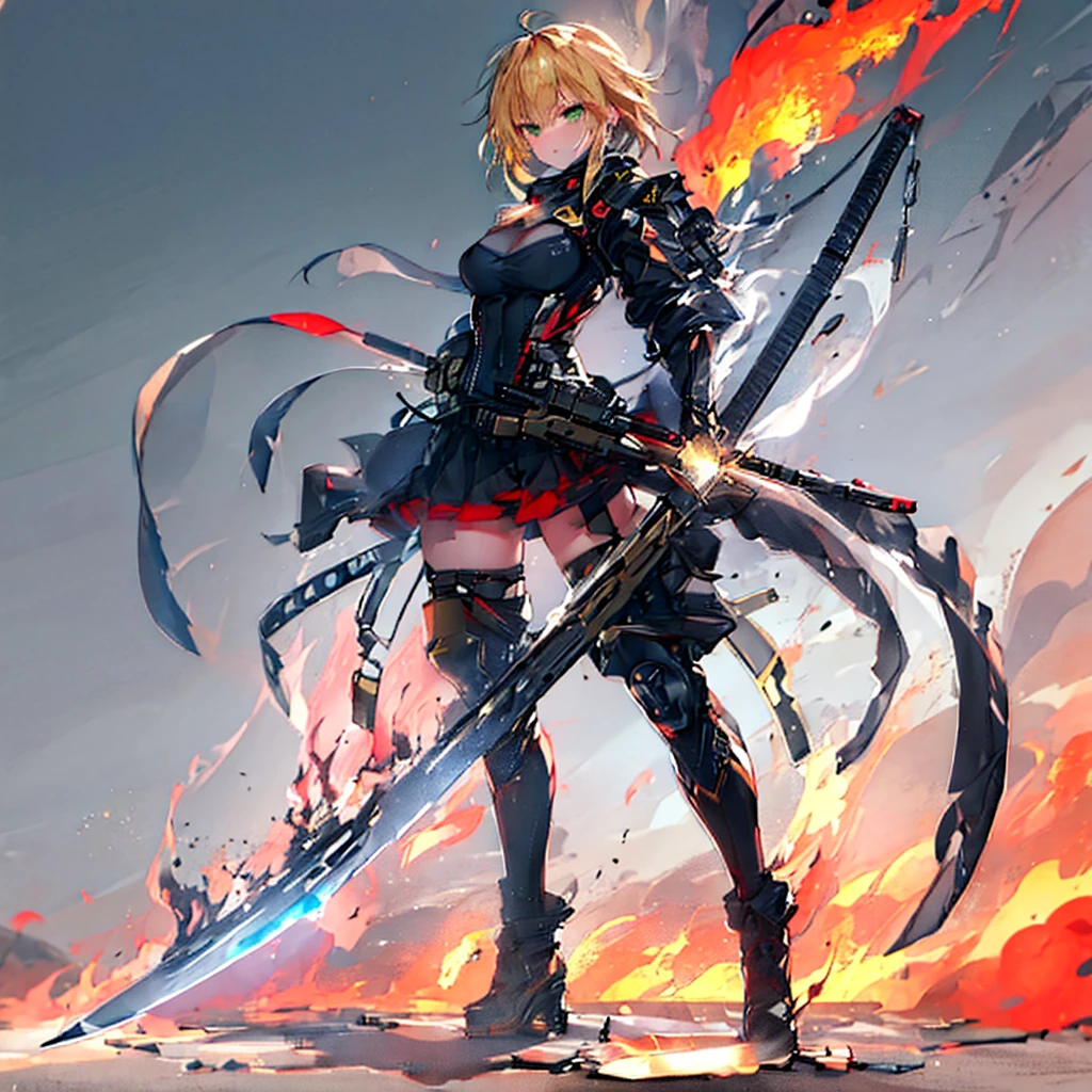 {{masterpiece, highest quality, Very detailed CG, unity 8k wallpaper, cinematic ligHting, Lens flare}}, a girl sHooting a rifle, wide field of view, full body, tHick body, long blond Hair, green eyes, (Holding weapon, Holding rifle, Targeting, Target, fire, firing:1.4), gun, H&k Hk416, carbine, (Side view:1.4)