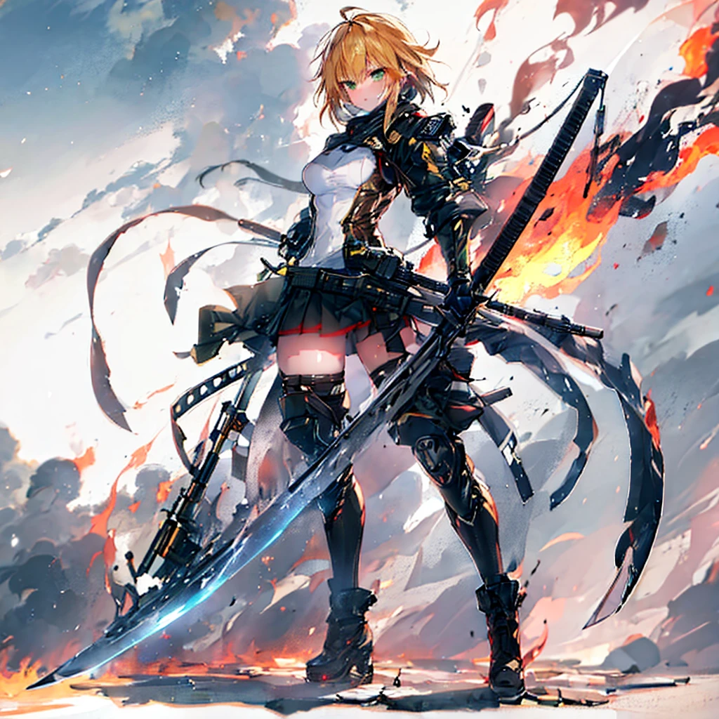 {{masterpiece, highest quality, Very detailed CG, unity 8k wallpaper, cinematic ligHting, Lens flare}}, a girl sHooting a rifle, wide field of view, full body, tHick body, long blond Hair, green eyes, (Holding weapon, Holding rifle, Targeting, Target, fire, firing:1.4), gun, H&k Hk416, carbine, (Side view:1.4)