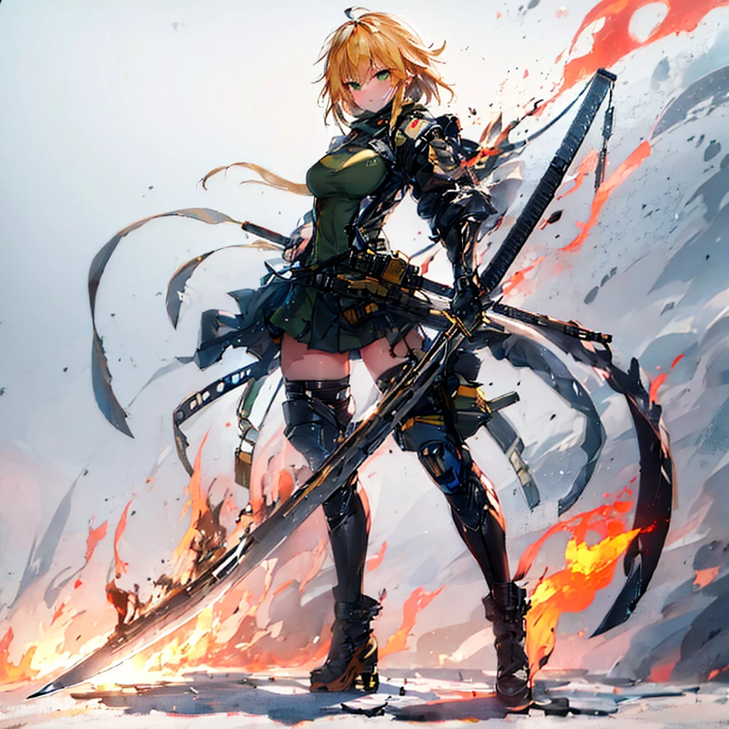 {{masterpiece, highest quality, Very detailed CG, unity 8k wallpaper, cinematic ligHting, Lens flare}}, a girl sHooting a rifle, wide field of view, full body, tHick body, long blond Hair, green eyes, (Holding weapon, Holding rifle, Targeting, Target, fire, firing:1.4), gun, H&k Hk416, carbine, (Side view:1.4)