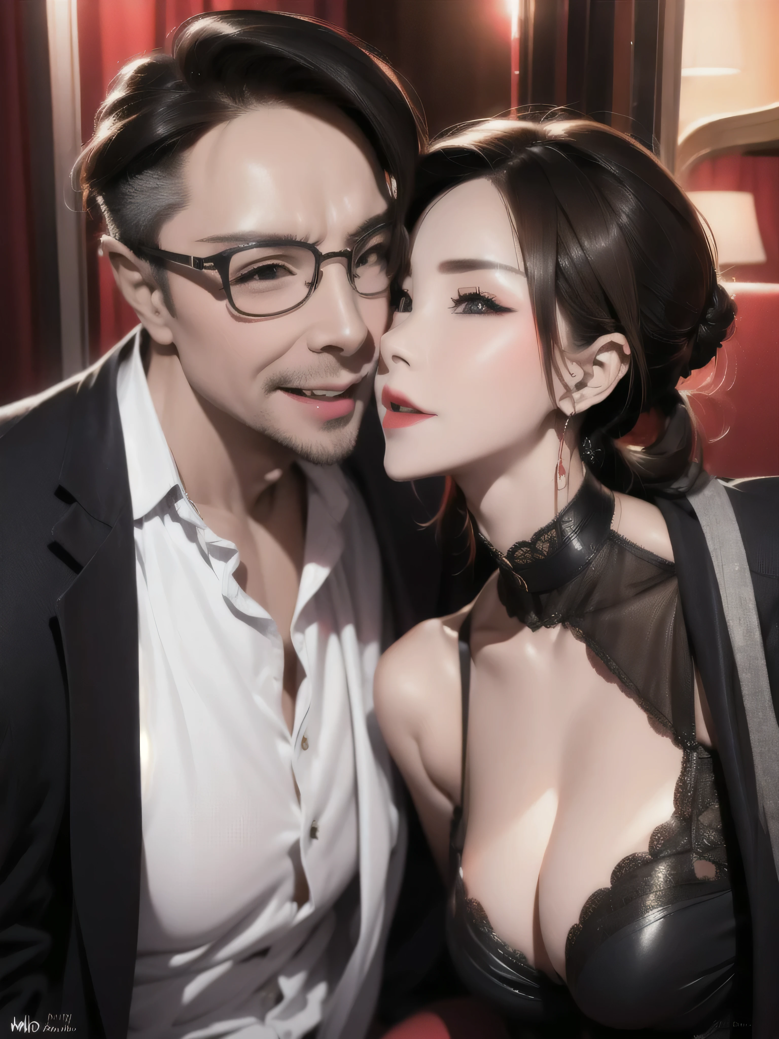 A scantily clad bride is making out with an old man in the nightclub, UHD, masterpiece, textured skin, super detail, best quality, 8k