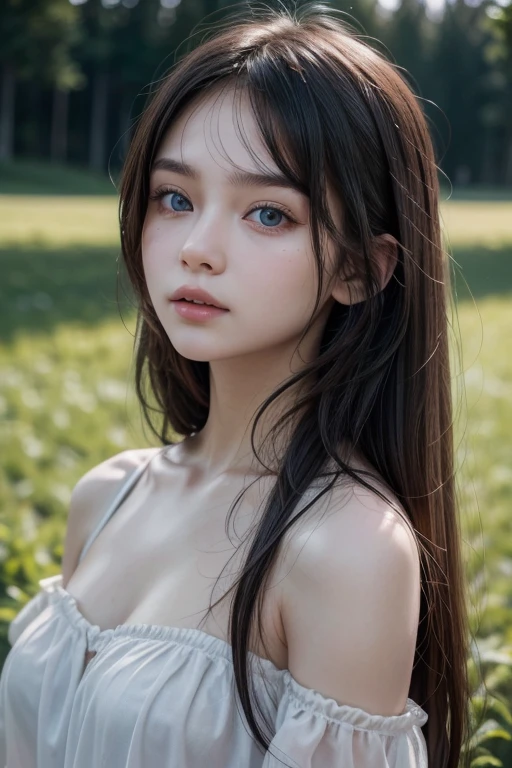 "Create an ultra-realistic 16k half image of a stunning 20-year-old Russian girl with very white, porcelain-like skin. Her cute round face is exquisitely detailed, showcasing rosy cheeks that add a touch of warmth to her complexion. She has mesmerizing, deep blue eyes that reflect a sense of depth and clarity. Her long, silky hair cascades around her shoulders, framing her delicate features perfectly. The girl is wearing a black dress, and she stands against a softly blurred background that hints at a picturesque Russian landscape. The natural light accentuates her beauty, making her appear ethereal and captivating."