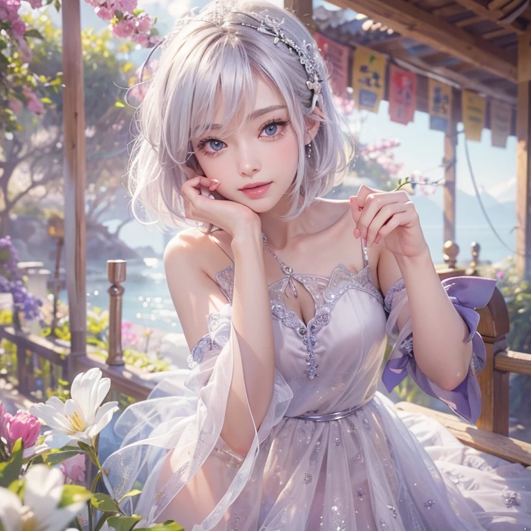 (masterpiece:1.3), (8k, Realistic, RAW Photos, Best image quality: 1.4), Fair-skinned fairy woman、short hair、Cleavage:2.0、Highly detailed face、Attention to detail、double eyelid、Sharp focus:1.2、Beautiful woman:1.4、Silvery white hair、highest quality、masterpiece、Ultra-high resolution、(Realistic:1.4)、Highly detailed and professionally lit smiles、Loose, Light,Japanese high 、 one person、whole body, I eat breakfast