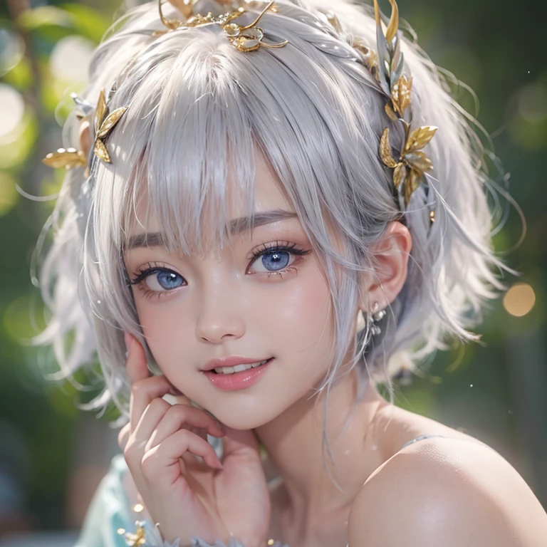 (masterpiece:1.3), (8k, Realistic, RAW Photos, Best image quality: 1.4), Fair-skinned fairy woman、short hair、Cleavage:2.0、Highly detailed face、Attention to detail、double eyelid、Sharp focus:1.2、Beautiful woman:1.4、Silvery white hair、highest quality、masterpiece、Ultra-high resolution、(Realistic:1.4)、Highly detailed and professionally lit smiles、Loose, Light,Japanese high 、 one person、whole body,　I eat breakfast 