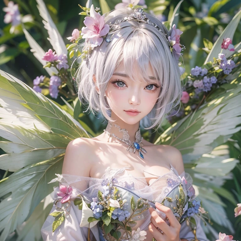 (masterpiece:1.3), (8k, Realistic, RAW Photos, Best image quality: 1.4), Fair-skinned fairy woman、short hair、Cleavage:2.0、Highly detailed face、Attention to detail、double eyelid、Sharp focus:1.2、Beautiful woman:1.4、Silvery white hair、highest quality、masterpiece、Ultra-high resolution、(Realistic:1.4)、Highly detailed and professionally lit smiles、Loose, Light,Japanese high 、 one person、whole body, I eat breakfast