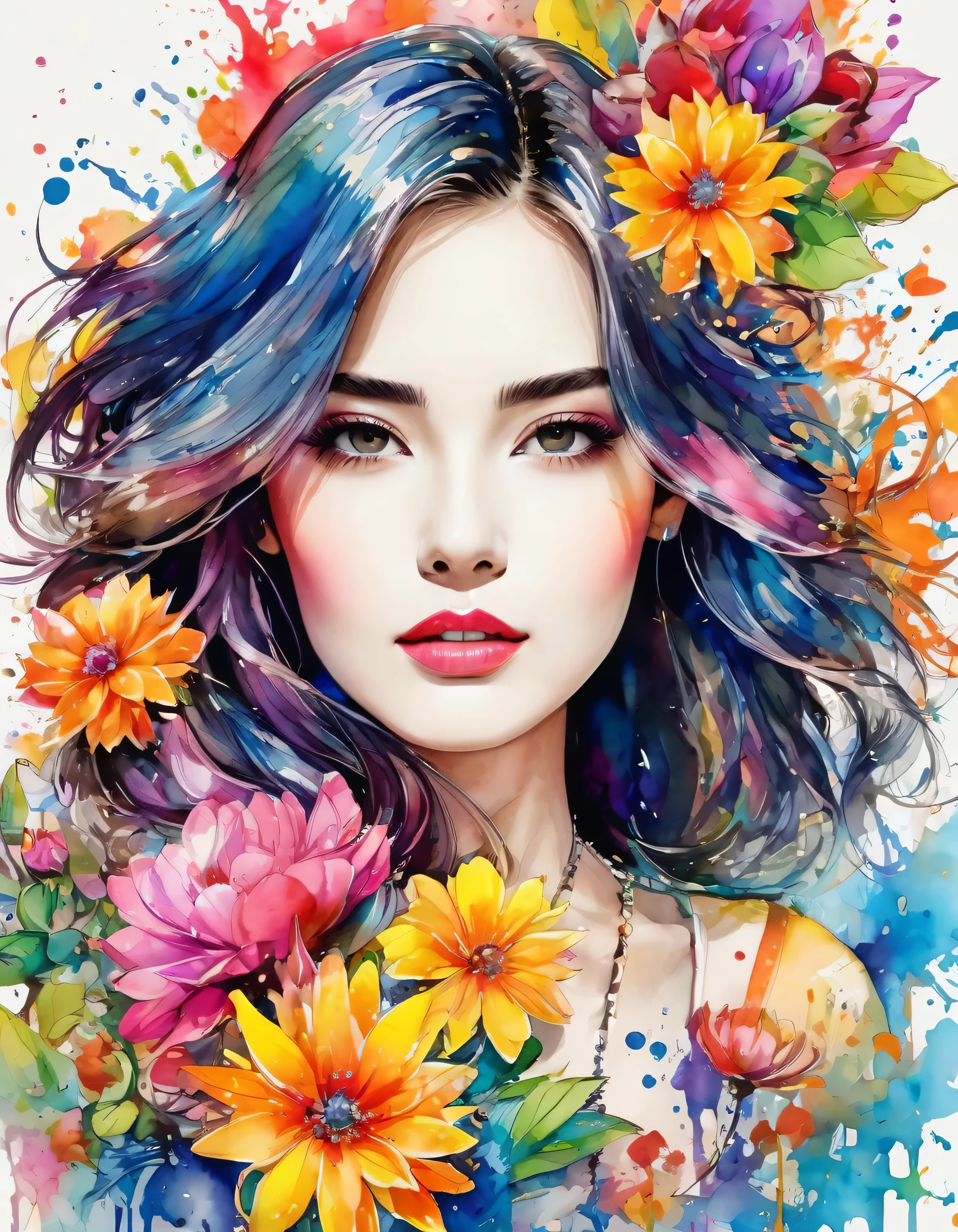 Micho Style、(((stylish fashion))), 8K Quality、Intense watercolor, Detailed watercolor art, Watercolor splash, Surreal, avant-garde pop art, Beautiful and expressive paintings, Beautiful artwork illustration, Very colorful tones, wonderful, Cool beauty, highest quality、Official Art, Vector art, Stylish design, (((The most beautiful girl))), (((highest quality))), HDR, ((detailed)), (((Doodle Art)), ((masterpiece)), ((Super detailed)), (((Colorful flowers))),(((Stylish))),