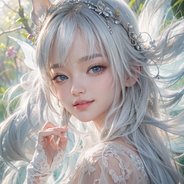 (masterpiece:1.3), (8k, Realistic, RAW Photos, Best image quality: 1.4), Fair-skinned fairy woman、short hair、Cleavage:2.0、Highly detailed face、Attention to detail、double eyelid、Sharp focus:1.2、Beautiful woman:1.4、Silvery white hair、highest quality、masterpiece、Ultra-high resolution、(Realistic:1.4)、Highly detailed and professionally lit smiles、Loose, Light,Japanese high 、 one person、whole body,　I eat breakfast 
