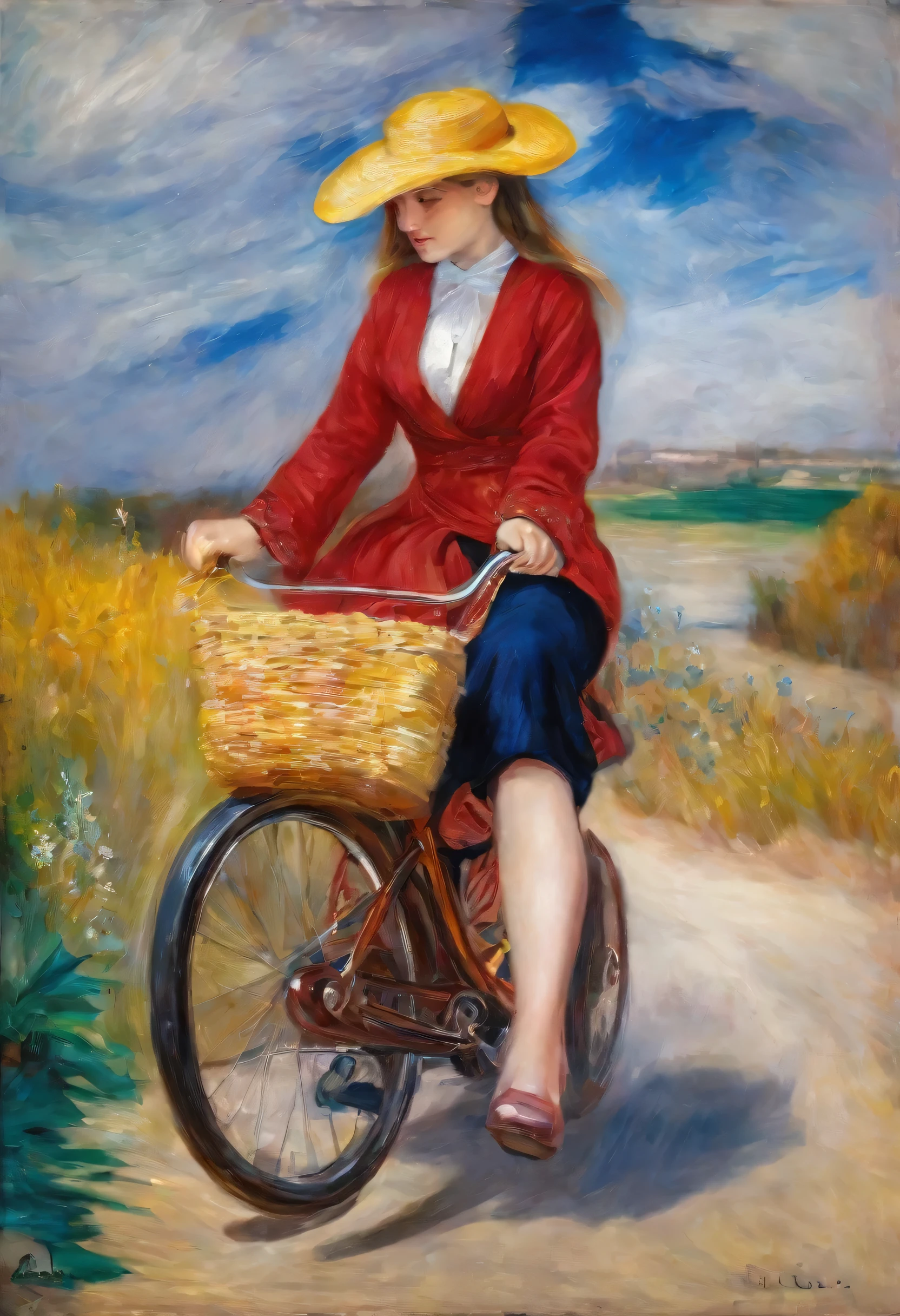 uma lendo um livro, oil painting of a beautiful girl, corpo inteiro, rich clothes, riding bike, with details, high definition, renoir, estilo impressionista,renoir, van gogh, monet