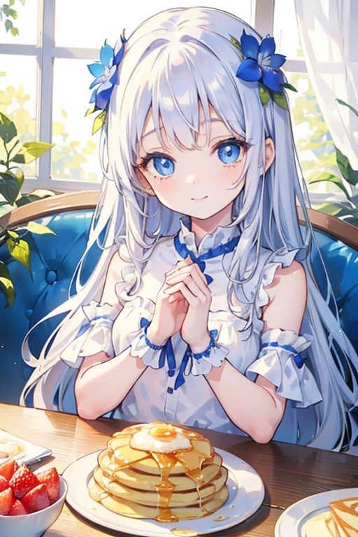 toddler girl, in the cafe,own hands together , a fluffy pancake on the table,many many cream and fruits on pancake,pancake close-up,Blue eyes, big eyes,droopy eyes, With blue flower corsage ,Slender body, upper body, White long hair,smile,happy