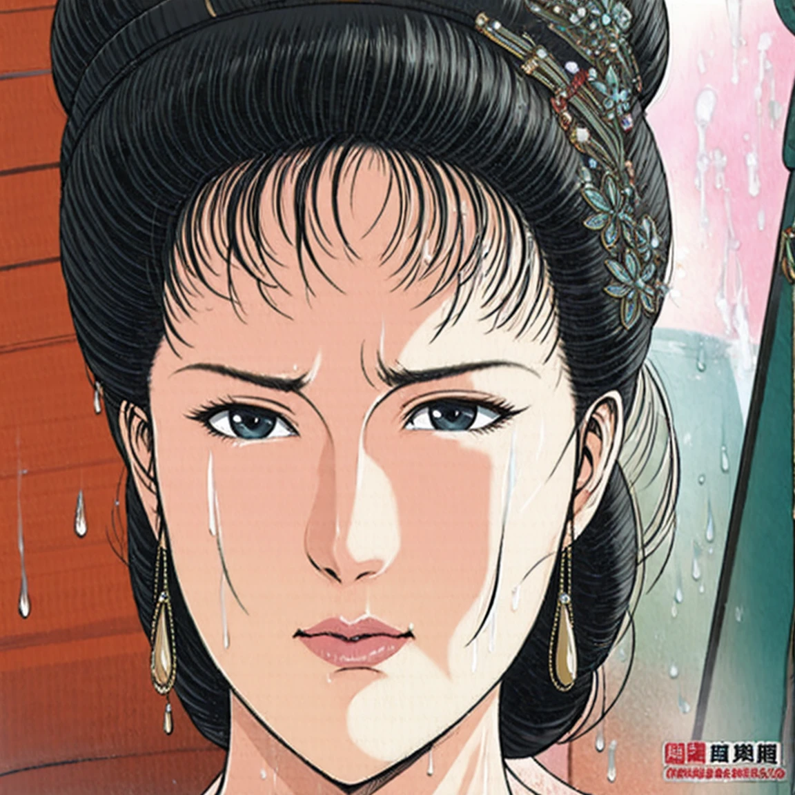 (best quality), (very aesthetic), (ultra-detailed), (best illustration),a mature female,NSFW,Perfect Face,Suikoden,Mrs. Lin,(full_body),(full_nude),red cheek,Large drops of sweat are pouring from the whole body,skinny,chinese traditional bath room,Get up from the bathtub,Drops of water dripping from the skin of the entire body,Looking down,