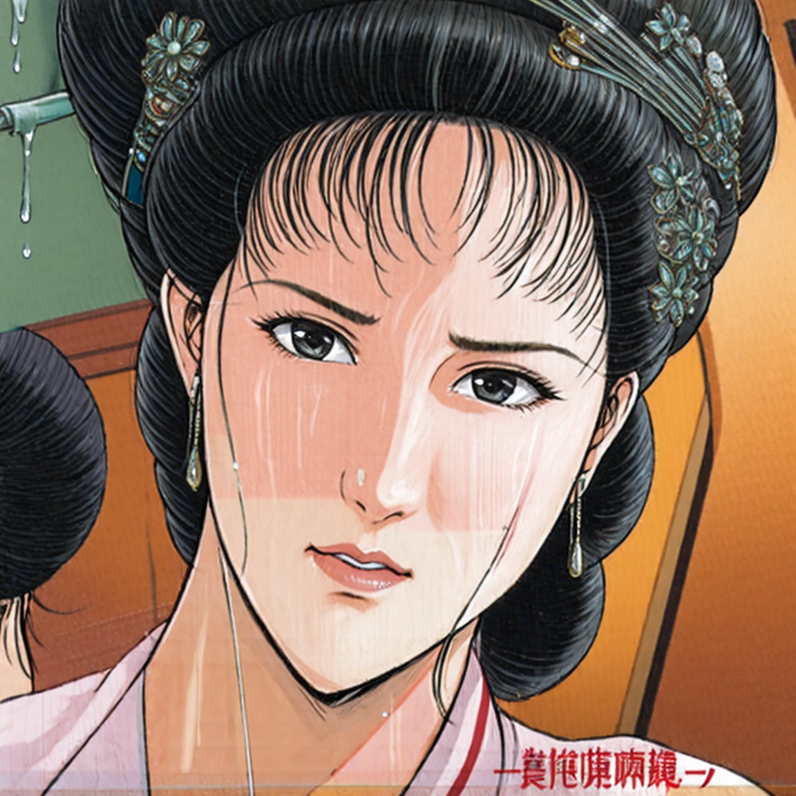 (best quality), (very aesthetic), (ultra-detailed), (best illustration),a mature female,NSFW,Perfect Face,Suikoden,Mrs. Lin,(full_body),(full_nude),red cheek,Large drops of sweat are pouring from the whole body,skinny,chinese traditional bath room,Get up from the bathtub,Drops of water dripping from the skin of the entire body,Looking down,