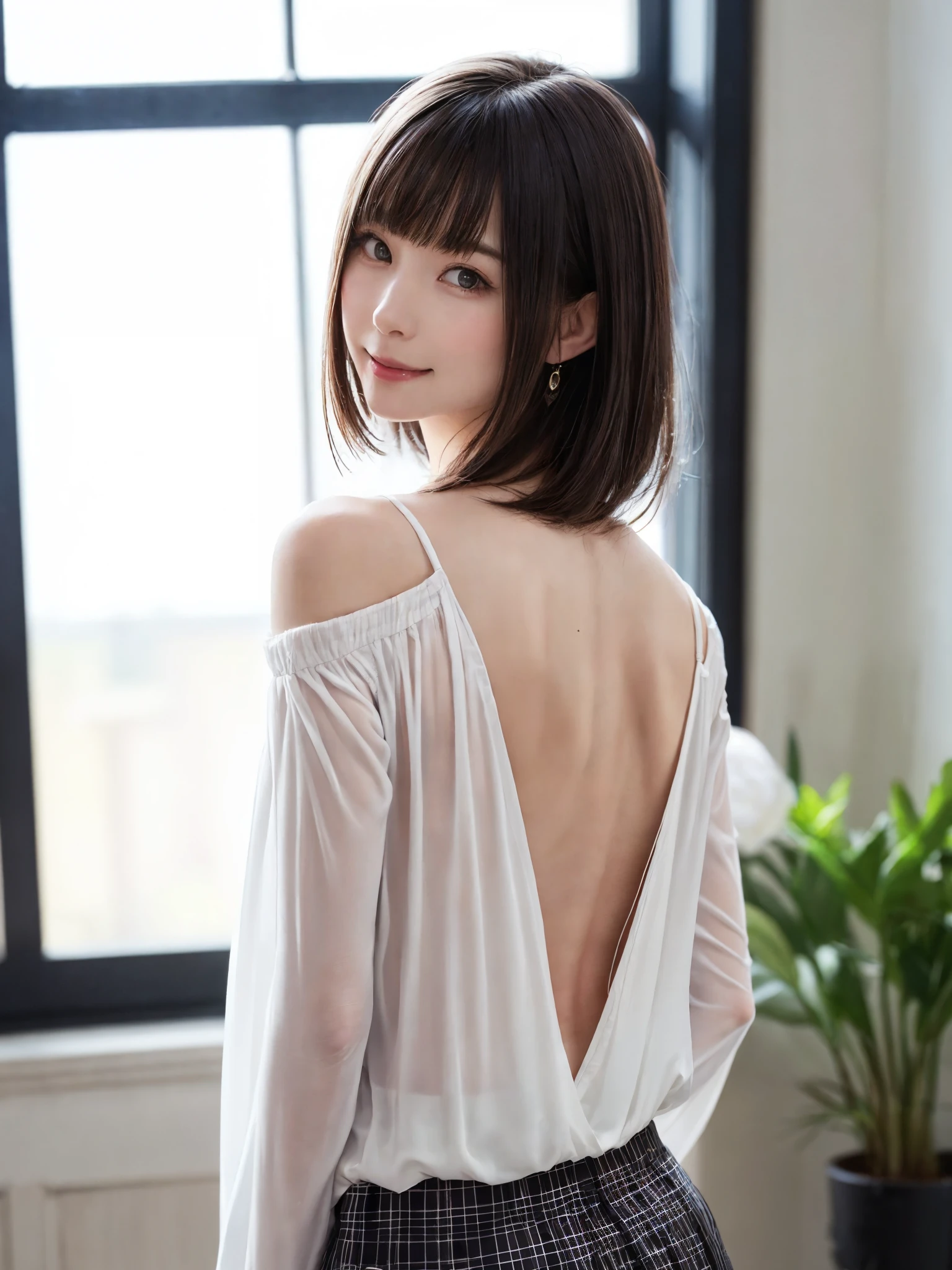 (From the back:1.4、Tabletop:1.4、highest quality:1.4、Best image quality:1.4、Cute beautiful adult woman, Adult smile:1.4、Beautiful Teeth、Lip gloss、Short Brunette Bob、Shiny shiny hair、Has shiny bangs:1.4、bangs:1.4、length, shiny shorthair、length neck:1.4、Show me your ears、Tall Supermodels、Broad shouldered supermodel、{Huge|big|Huge|Mega} chest, Beautiful chest have cleavage)、(very beautiful back、Cute school girl、Off-the-shoulder white see-through shirt、Checkered sheer loop pleated short skirt、28 years old)、Very cute and attractive woman